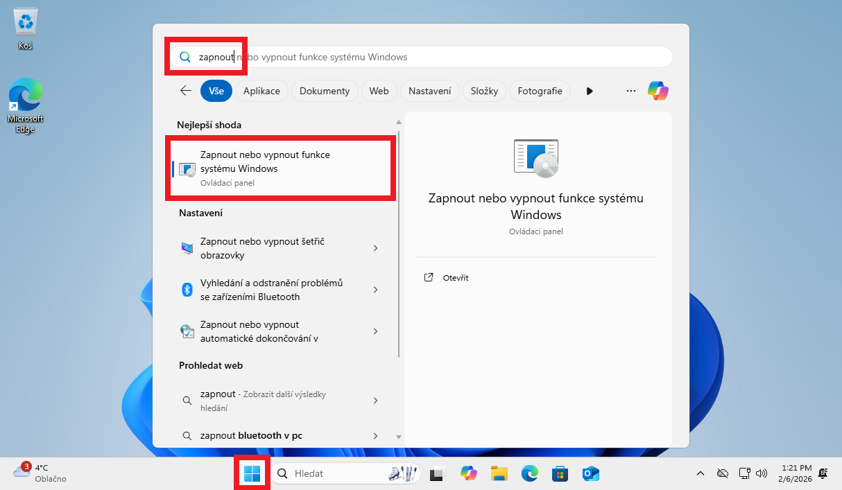 Zapnúť alebo vypnúť funkcie systému Windows