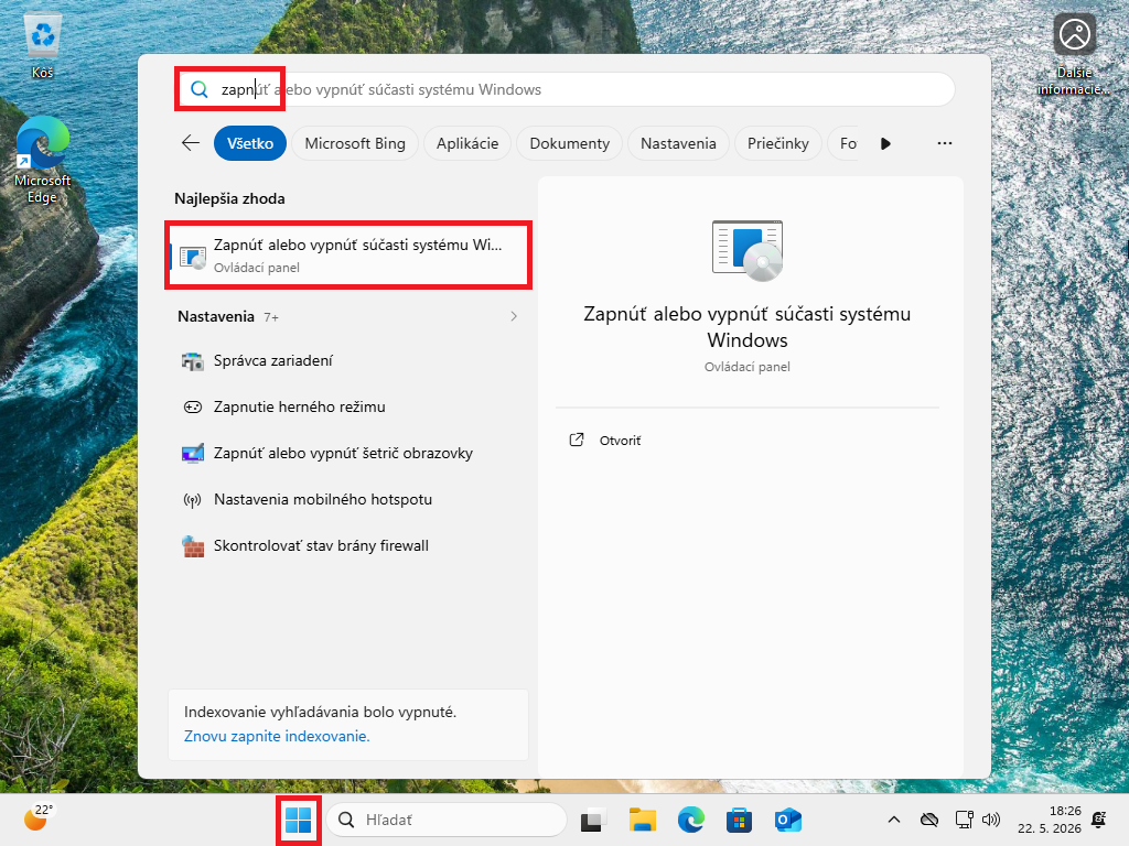 Vyhľadanie položky Zapnúť alebo vypnúť súčasti systému Windows
