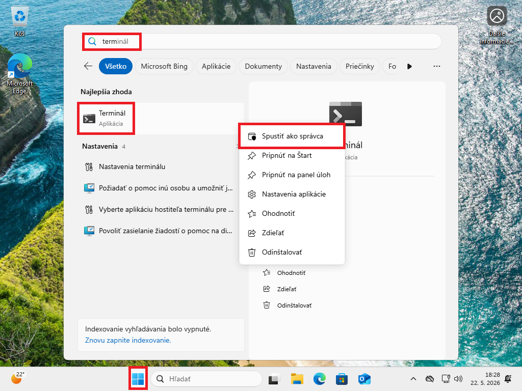 Spustenie terminálu Windows ako správca