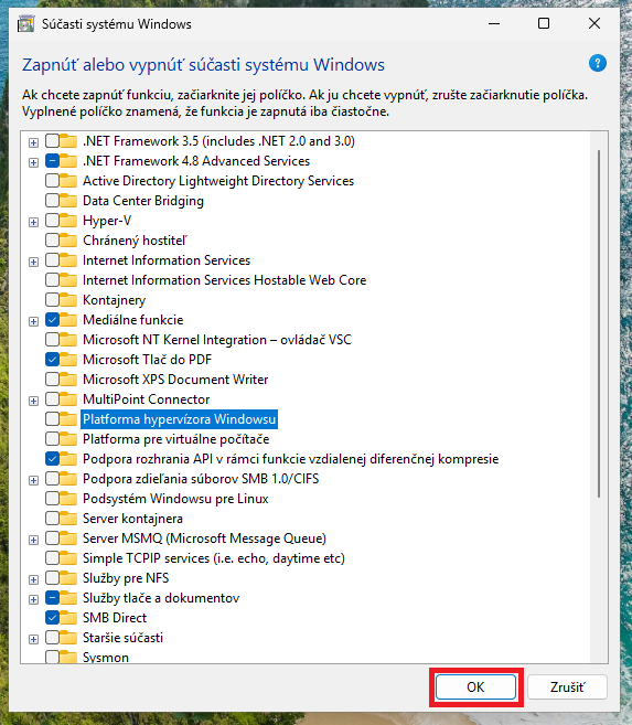 Vypnuté virtualizačné súčasti systému Windows