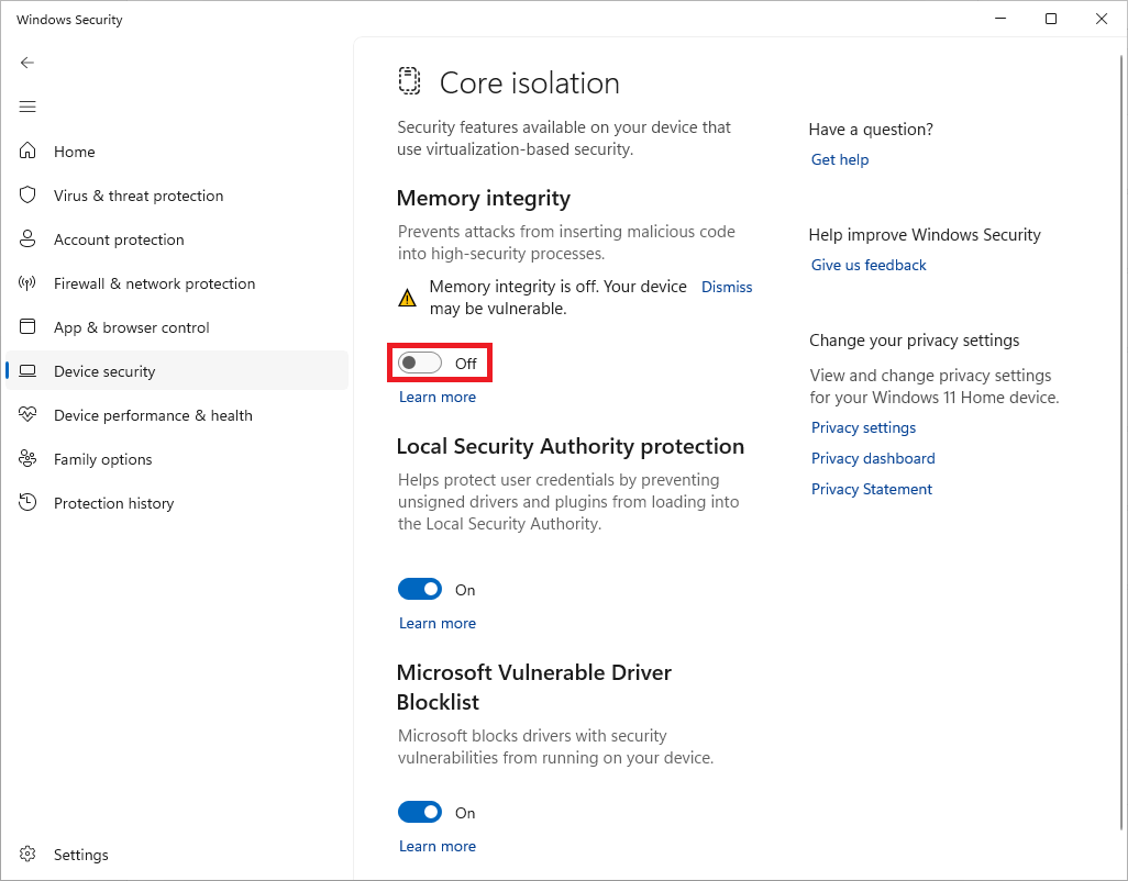 Nastavenie integrity pamäte vo Windows