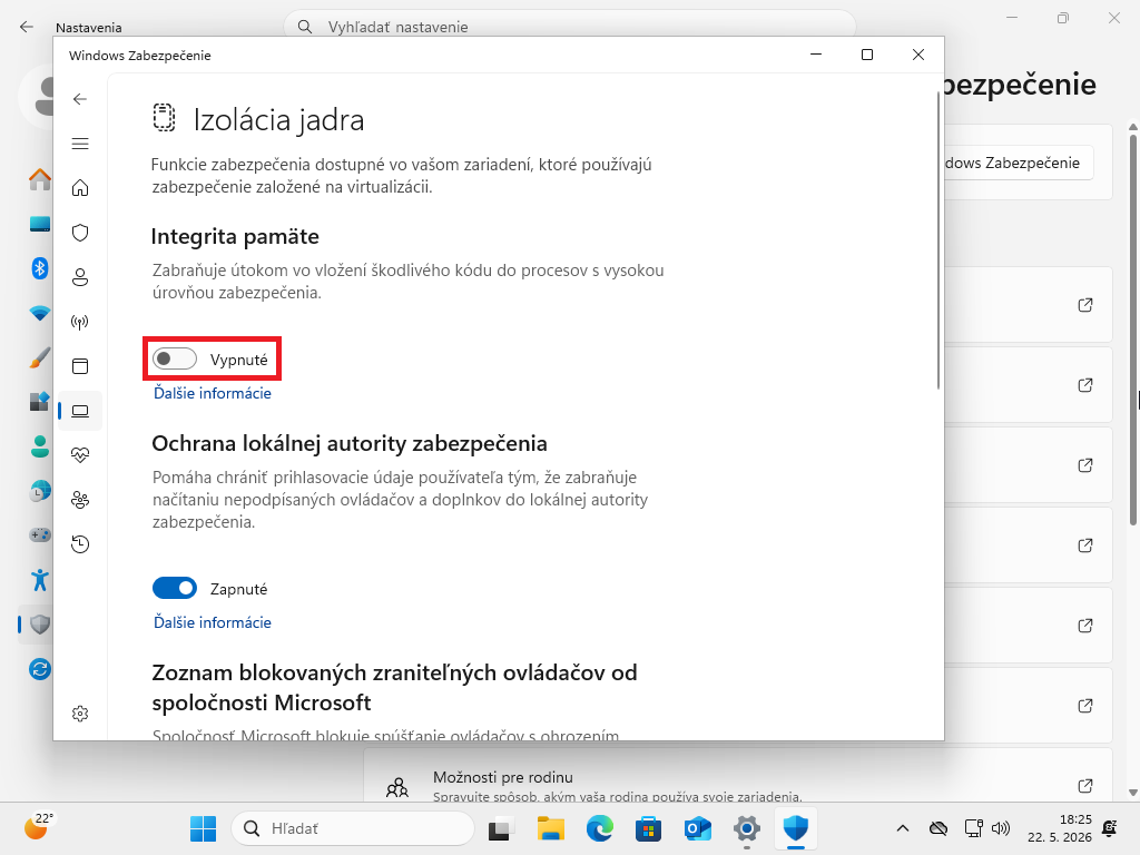 Vypnutie integrity pamäte vo Windows
