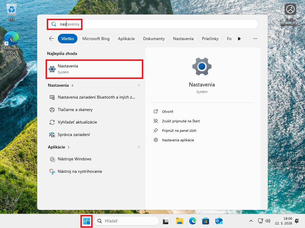 Vyhľadanie a otvorenie Nastavení vo Windows