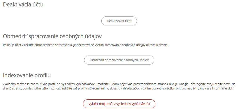 Nastavenie účtu na itnetwork.cz – možnosť deaktivácie, obmedzenia spracúvania osobných údajov, indexovania profilu - Práca a podnikanie v IT