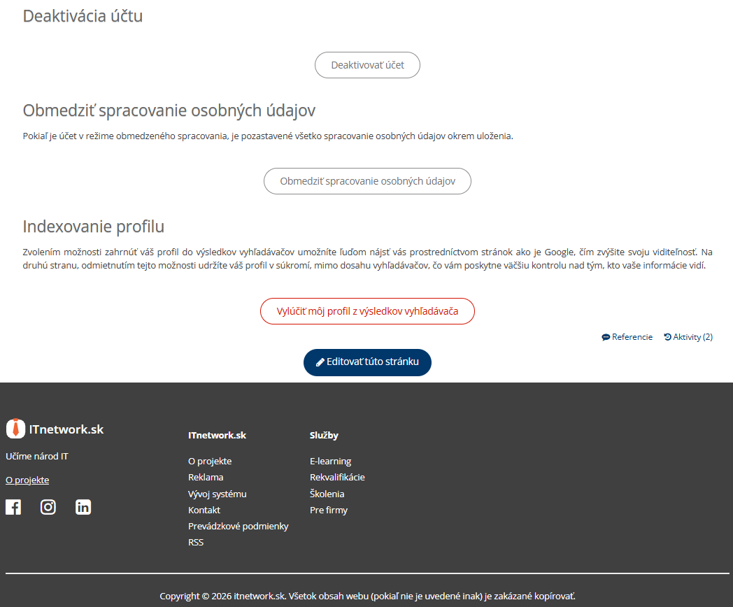 Nastavenie účtu na itnetwork.sk – možnosť deaktivácie, obmedzenia spracovania osobných údajov, indexovania profilu - GDPR kompletne a ľudsky