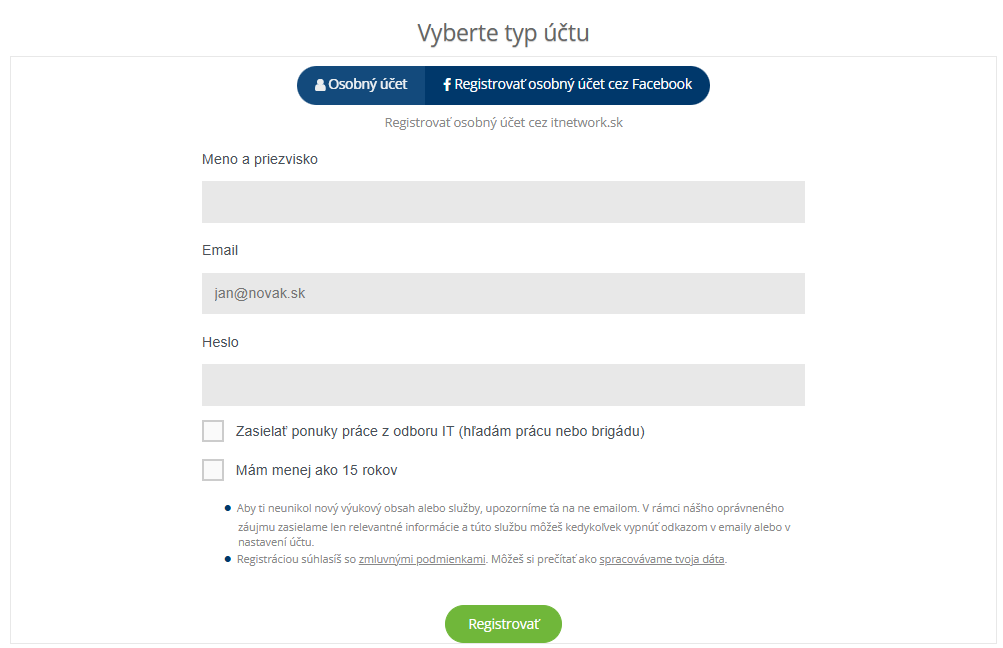 Registračný formulár itnetwork.cz - Práca a podnikanie v IT
