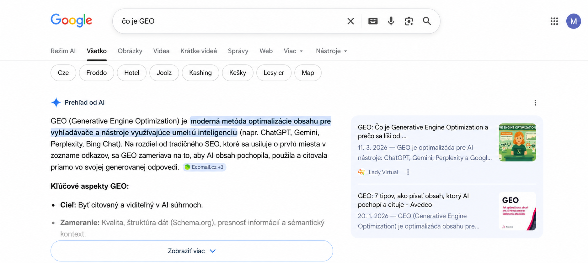 Ukážka prehľadu od AI v Googli - SEO - Optimalizácia webov pre vyhľadávače