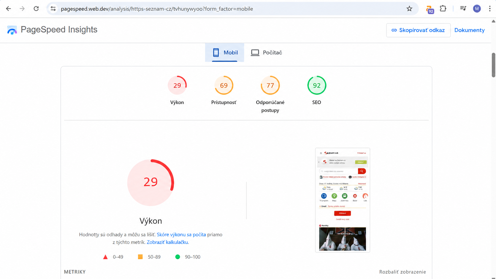 Výsledok merania v PageSpeed Insights - Ako písať moderné web (HTML a CSS)
