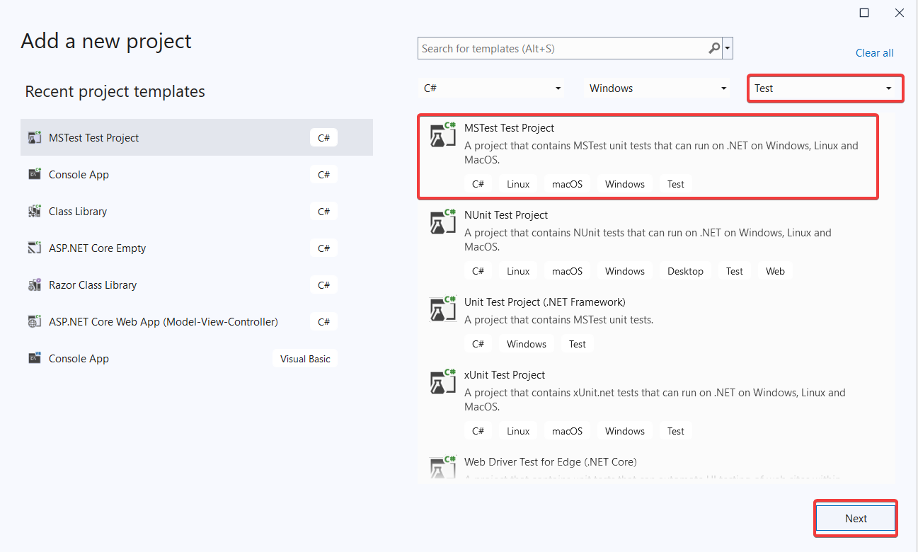 Výber šablóny projektu - Testovanie v C# .NET