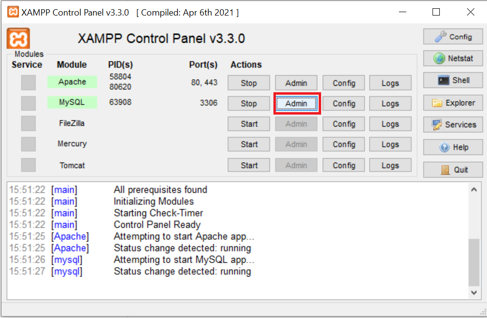 Otvorenie phpMyAdmin v prehliadači pomocou XAMPP panelu - MySQL databázy krok za krokom