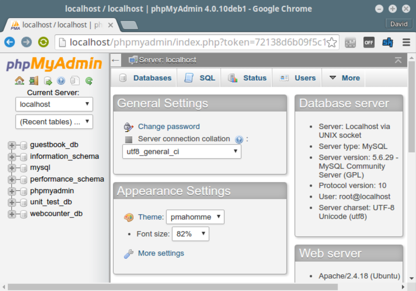 Úvodná stránka nástroja phpMyAdmin - MySQL databázy krok za krokom