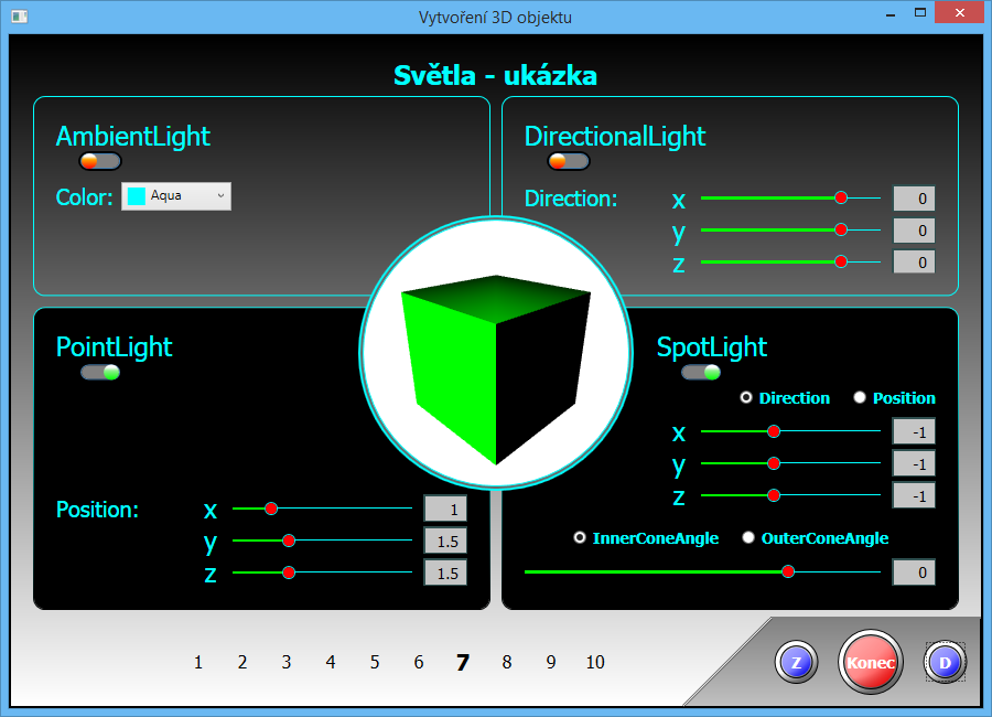 Ukážka svetiel v 3D grafike v C# .NET WPF