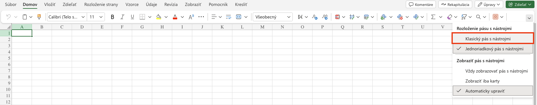 Plné zobrazenie pásu s nástrojmi v Office 365 - Úvod do dátovej analýzy a obchodného rozhodovania