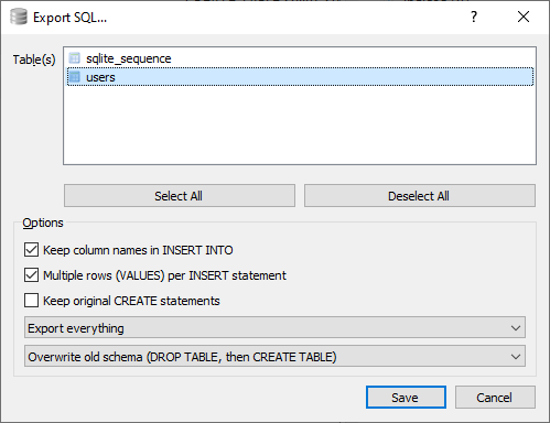 Ponuka pri exporte do SQL súboru - SQLite databáza krok za krokom