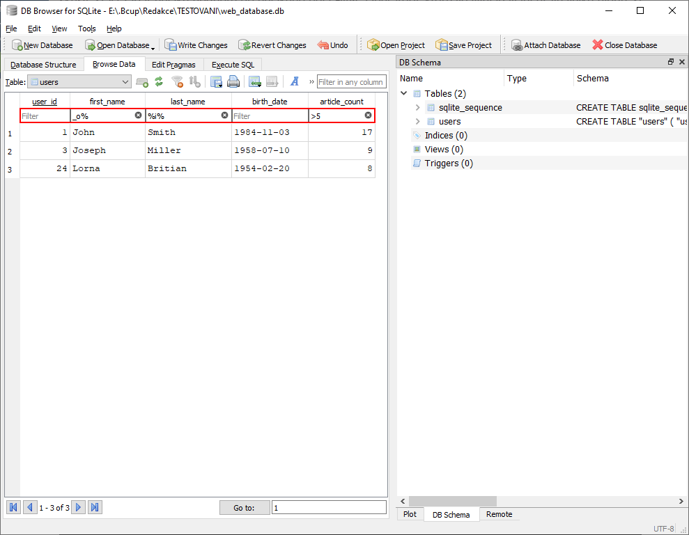 Vyhľadávanie v DB Browsera - SQLite databáza krok za krokom