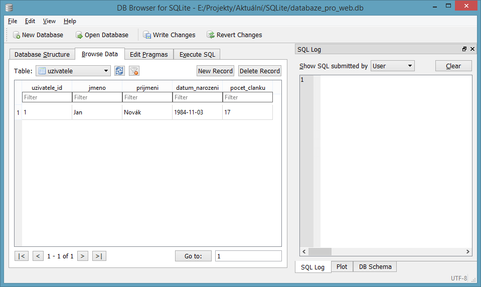 Vloženie záznamu do tabuľky v DB Browseru for SQLite - SQLite databázy krok za krokom
