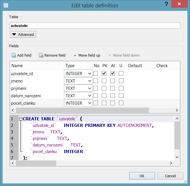 vytvorenie tabuľky - SQLite databázy krok za krokom
