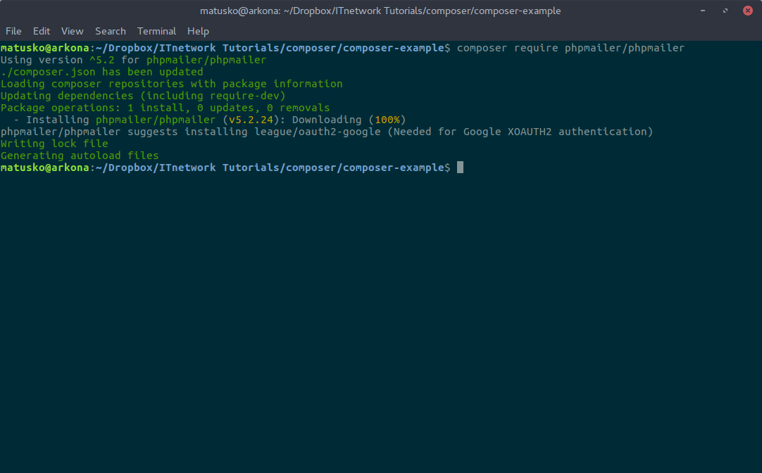 Príkaz v termináli – composer require phpmailer / phpmailer - Ostatné tutoriály v PHP