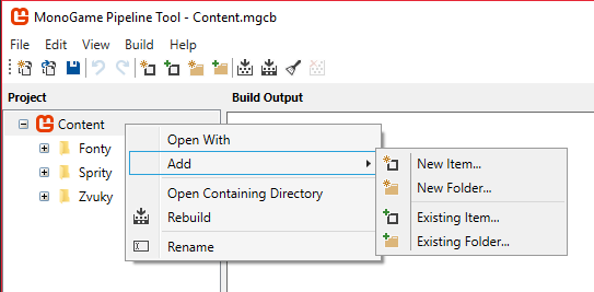 Pridať obsah do projektu - C # - Tvorba hier v MonoGame