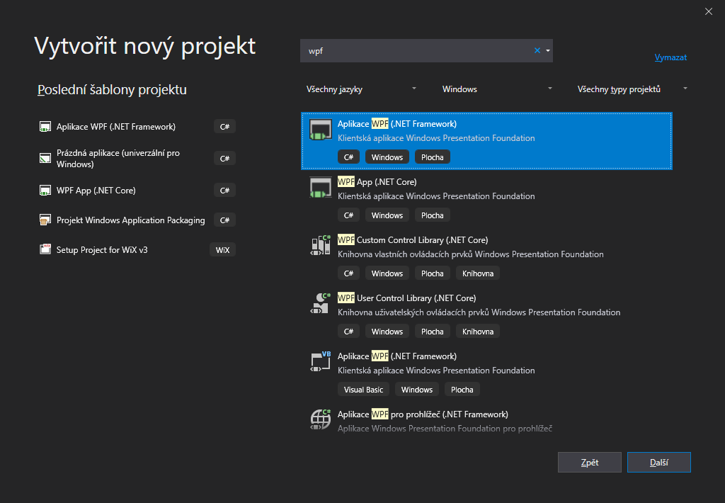 Založenie nového WPF projektu