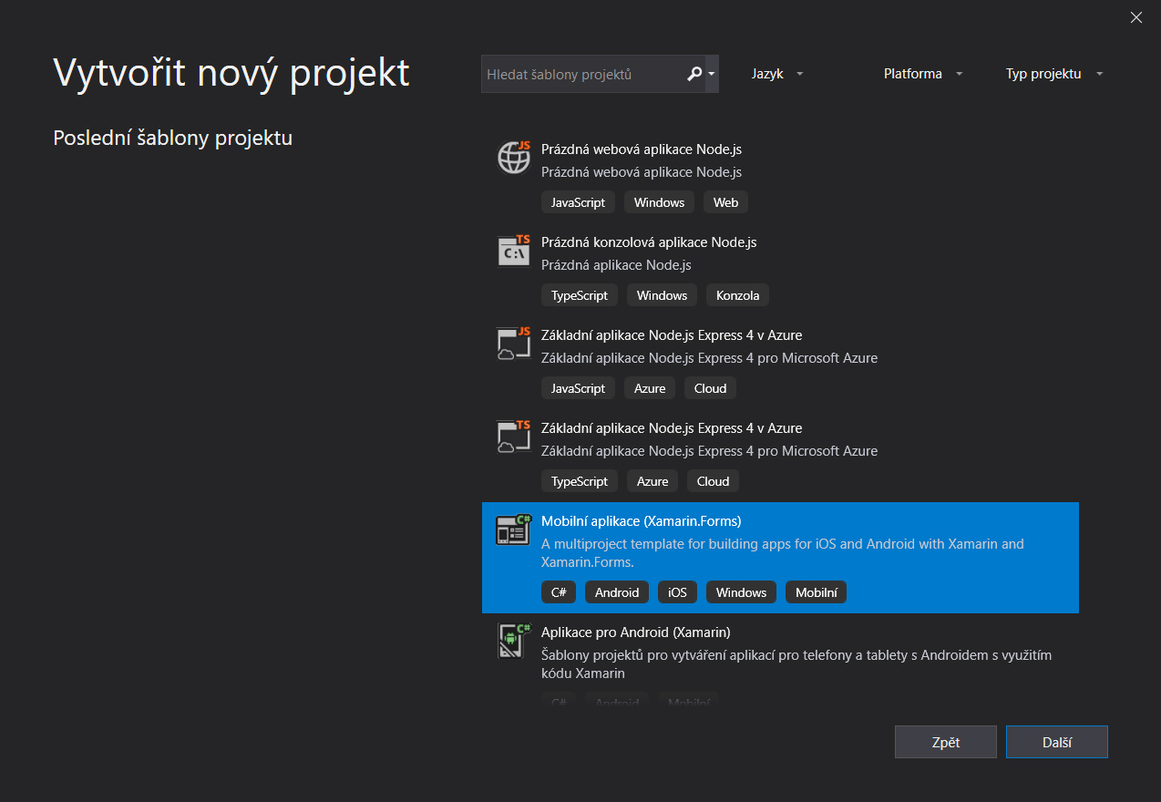 Nový projekt Xamarin Forms vo Visual Studio - Tvorba mobilných aplikácií v Xamarin a C # .NET