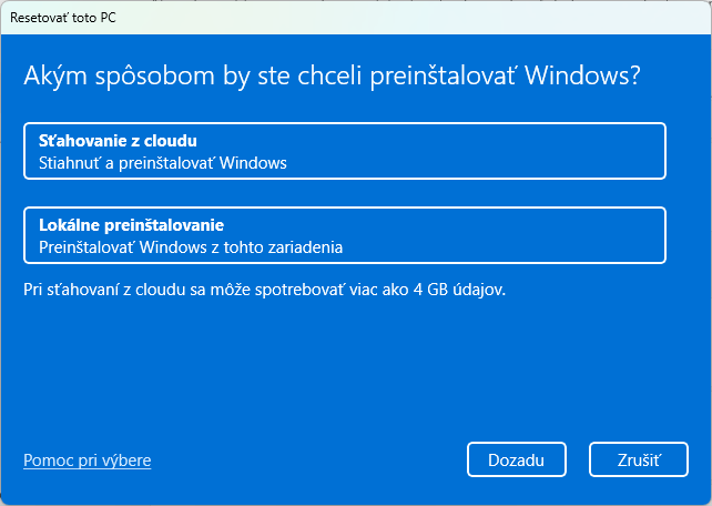 Okno obnovenia počítača do továrenského nastavenia - Základy Windows
