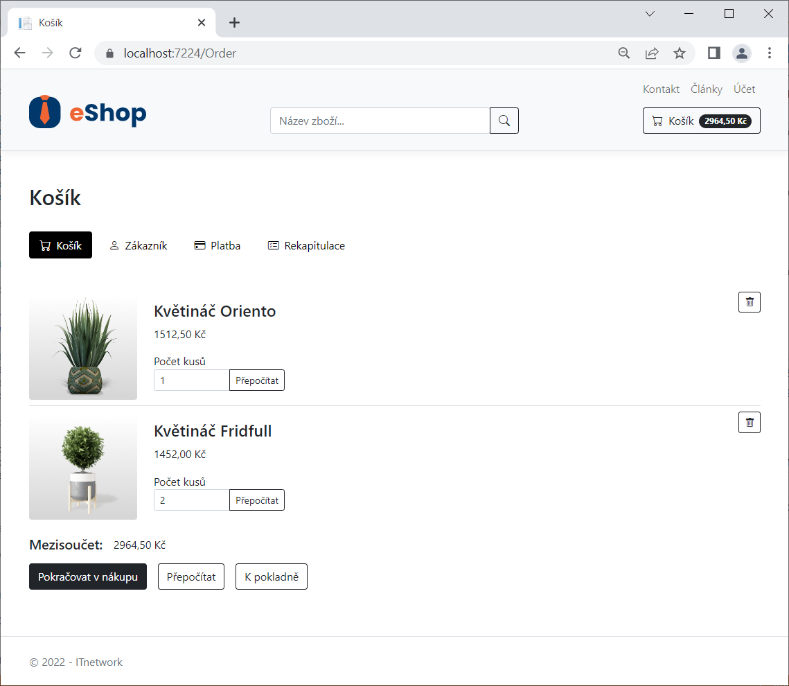 Proces objednávky (krok 1 – správa produktov v košiku