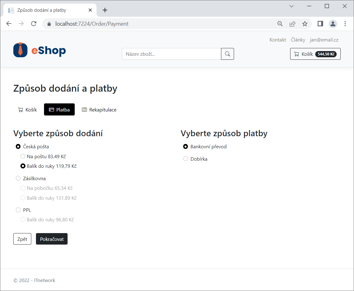 Výber druhu dodania a platby