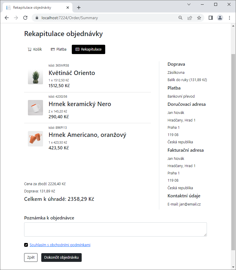 Rekapitulácia objednávky v e-shope