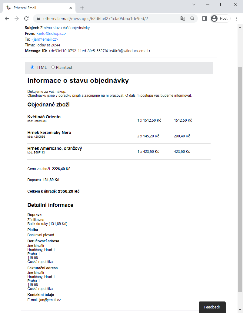 Rekapitulácia objednávky v e-maile