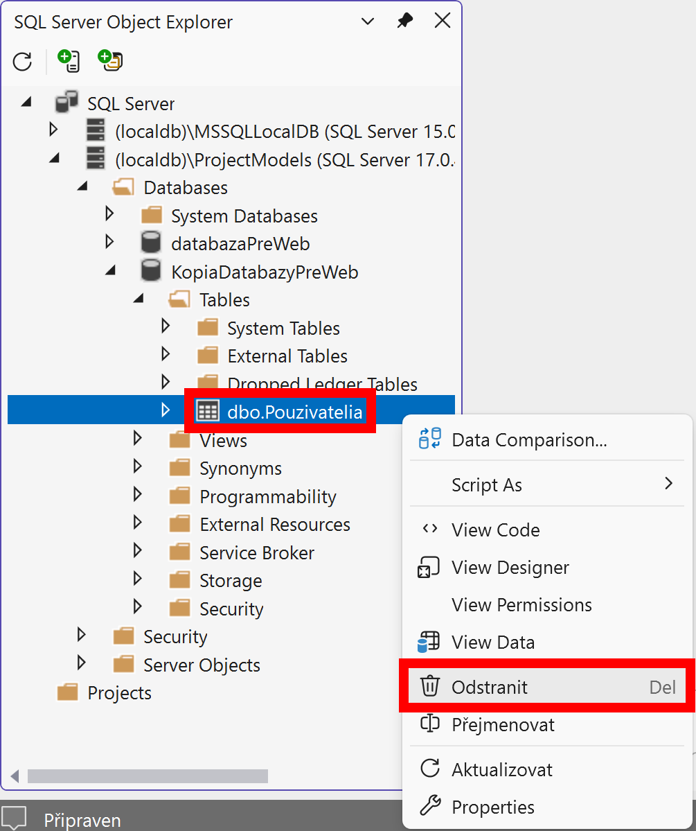 Zmazanie tabuľky - MS-SQL databázy krok za krokom