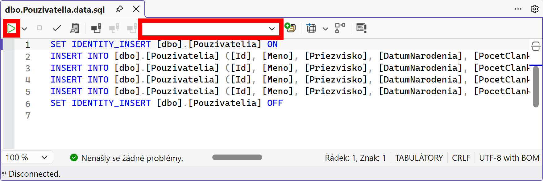 Tlačidlo Execute - MS-SQL databázy krok za krokom