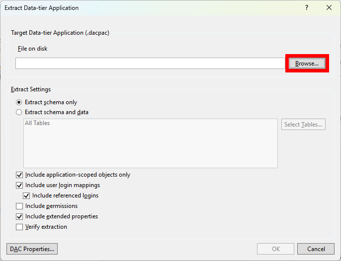 Extract Data-tier Application dialog - MS-SQL databázy krok za krokom