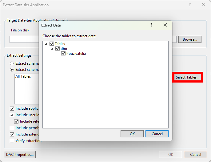 Extract Data dialog - MS-SQL databázy krok za krokom
