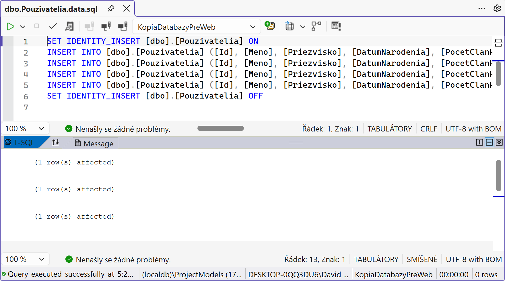 Správa po importe dát - MS-SQL databázy krok za krokom
