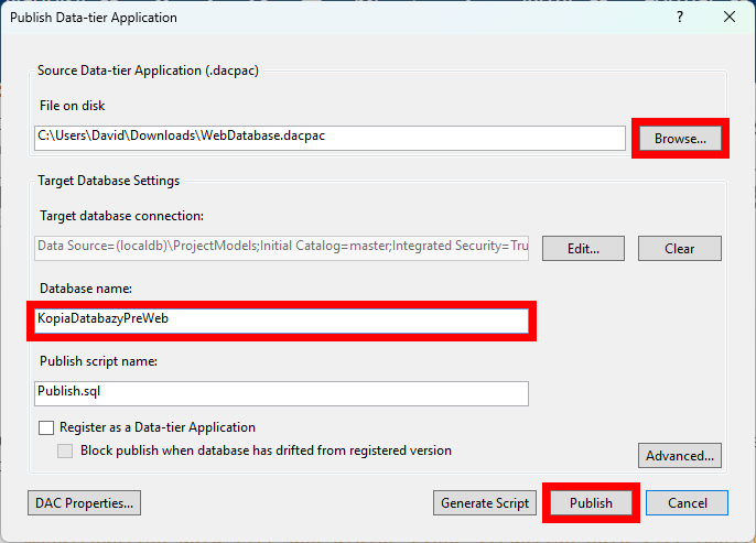 Publish Data-tier Application dialog - MS-SQL databázy krok za krokom
