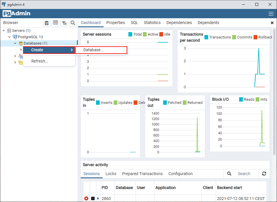 Create > Database… - PostgreSQL databázy krok za krokom