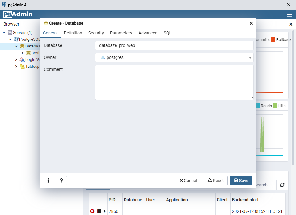 Dialóg na vytvorenie databázy - PostgreSQL databázy krok za krokom