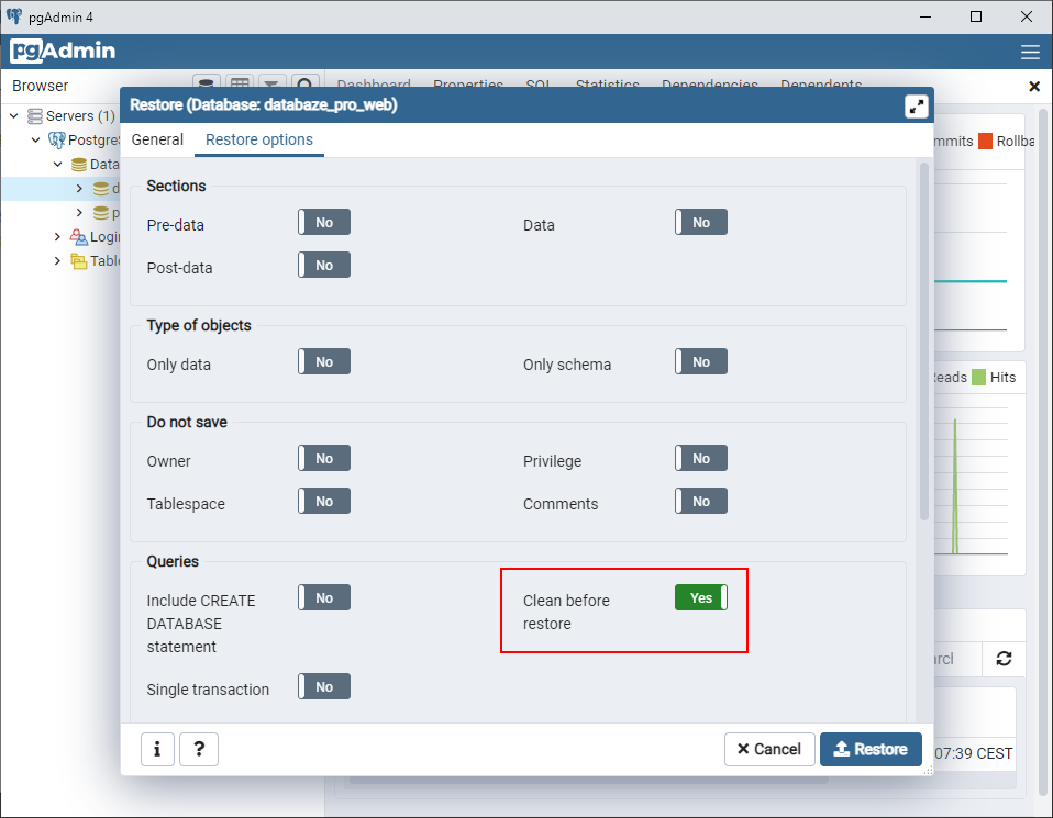 Restore dialóg – záložka Restore options - PostgreSQL databázy krok za krokom