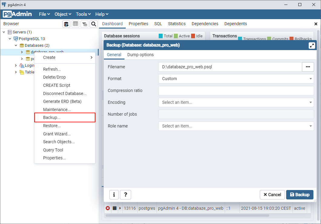 Backup dialóg – záložka General - PostgreSQL databázy krok za krokom