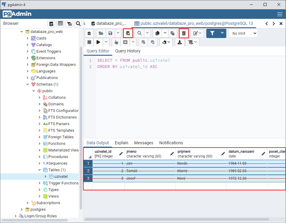 Zmazanie záznamov - PostgreSQL databázy krok za krokom