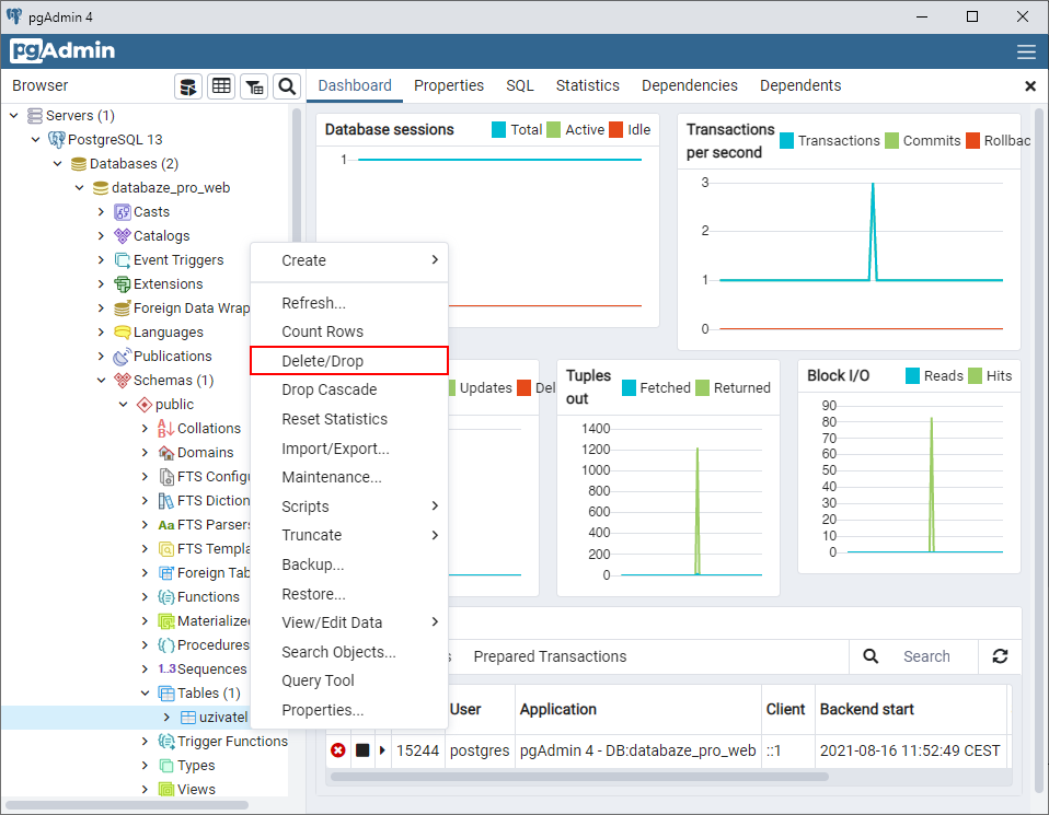 Zmazanie tabuľky - PostgreSQL databázy krok za krokom