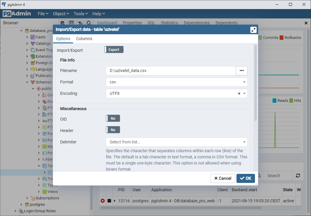 Export dialóg – záložka Options - PostgreSQL databázy krok za krokom
