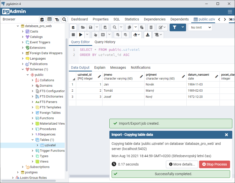 Import dát hotový - PostgreSQL databázy krok za krokom