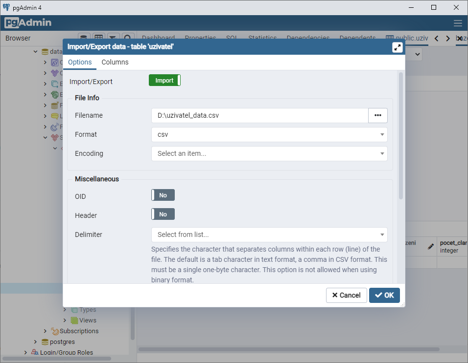 Import dialóg - PostgreSQL databázy krok za krokom