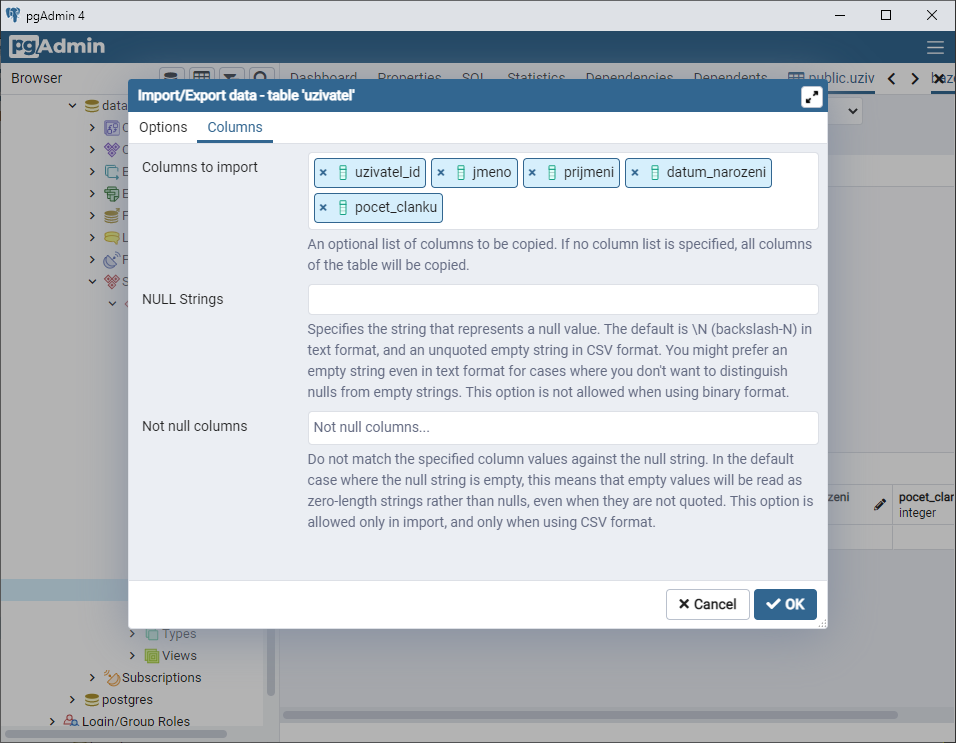 Import dialóg – záložka Columns - PostgreSQL databázy krok za krokom