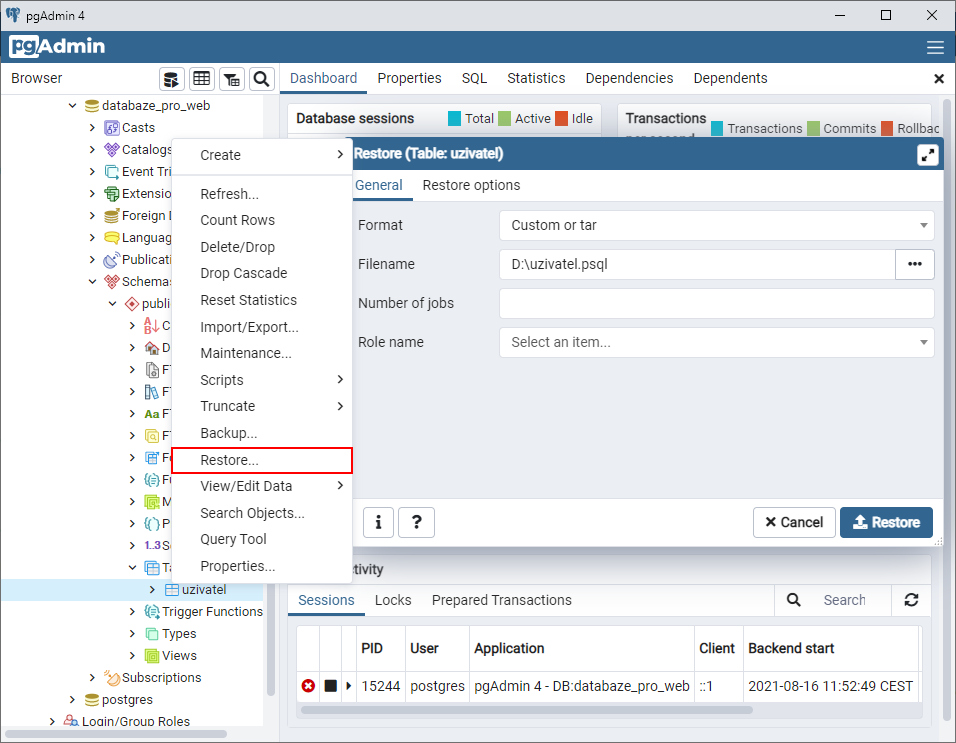 Restore dialóg - PostgreSQL databázy krok za krokom