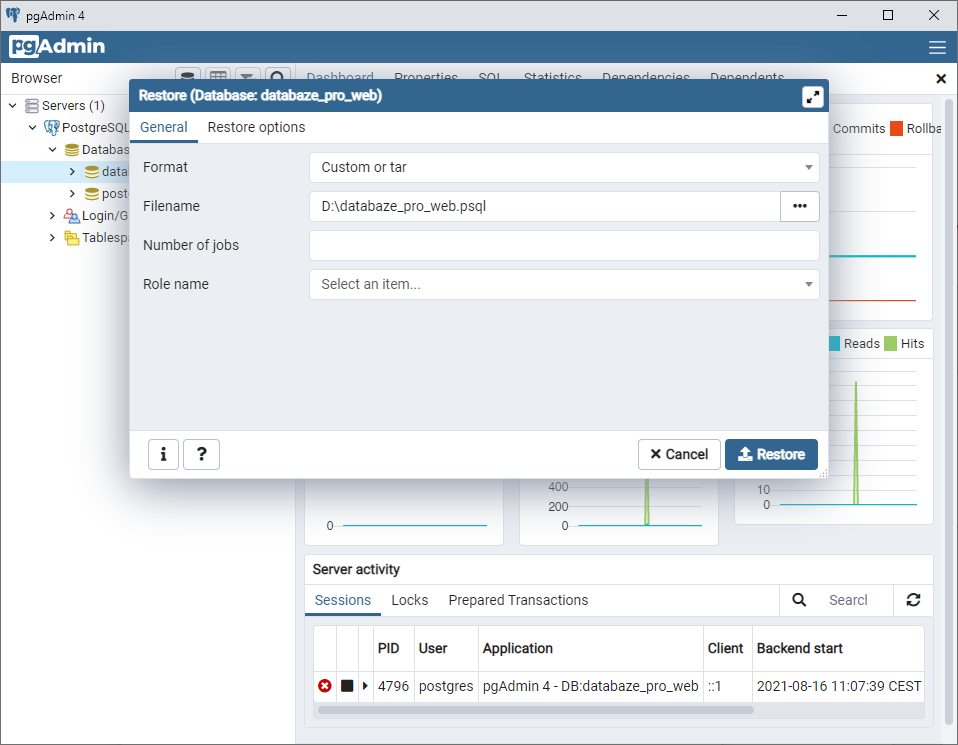Restore dialóg – záložka General - PostgreSQL databázy krok za krokom