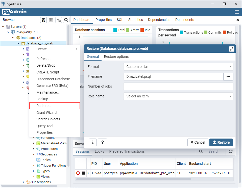 Restore dialóg – záložka General - PostgreSQL databázy krok za krokom