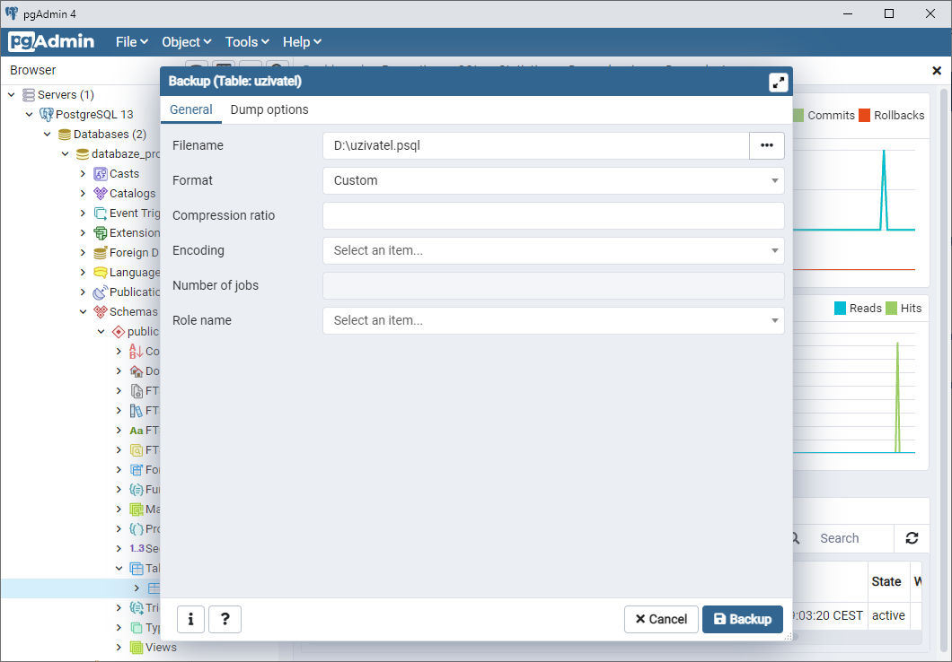 Backup dialóg – záložka General - PostgreSQL databázy krok za krokom